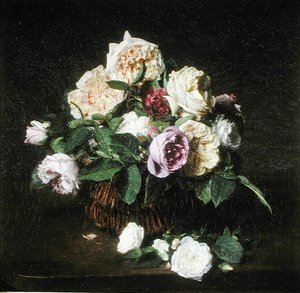 Rozen in een mand op een tafel door Ignace Henri Jean Fantin Latour