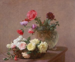 Klaprozen in een kristallen vaas, of mand met rozen, 1890