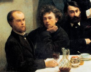 Tafelhoek: van links naar rechts: Paul Verlaine, Arthur Rimbaud, Elzear Bonnier. (Schilderij, 19e eeuw) door Ignace Henri Jean Fantin Latour