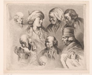 Compositie met negen hoofden van mannen en vrouwen van verschillende leeftijden door Ignace Joseph de Claussin