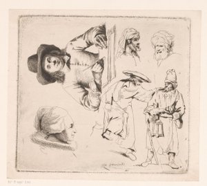 Compositie met schrijvende man, hoofd van een vrouw en vier mannelijke figuren