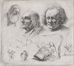 Studie van zes hoofden en een melkmeisje, 1816