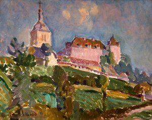 Uitzicht op het kasteel en de kerk van Gruyères, circa 1925-30