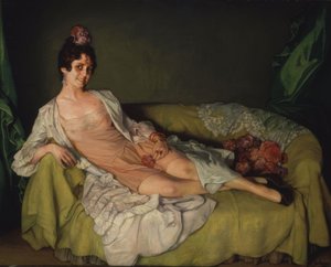 (Vrouw liggend in een stoel in combinatie en badjas) door Ignacio Zuloaga y Zabaleta