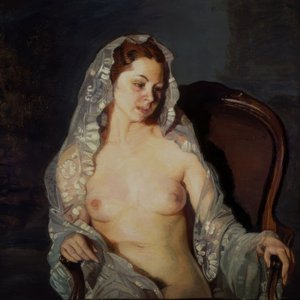 Zittende naakte vrouw met transparante mantilla - 20e eeuw