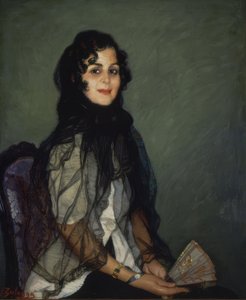 Angustias in het wit met zwarte mantilla en waaier door Ignacio Zuloaga y Zabaleta