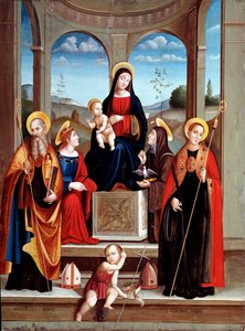 Madonna met het kind en de heiligen Benedictus van Nursia, Justine, Placide en Scholastica door Il  Francia