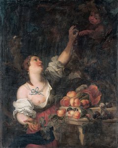Een vrouw die druiven plukt en een putto bij een klassiek voetstuk versierd met fruit door Il Borgognone