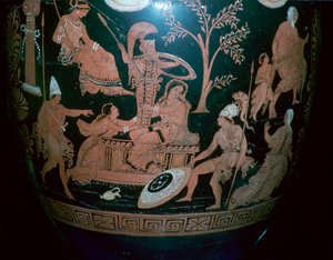 Griekse roodfigurige voluutkrater met scène uit de val van Troje door Illupersis Painter