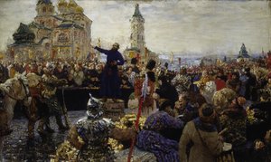 Kouzma Minine roept het volk van Nizjni Novgorod op in 1611 door Ilya Efimovich Repin