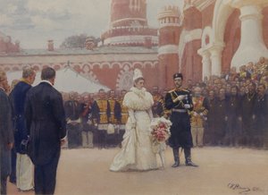 Nicholas II ontvangt dorpsoudsten op 18 mei 1896 in de binnenplaats van Petrovsky Palace in Moskou, 1897 door Ilya Efimovich Repin