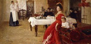 De Dochter van de Kunstenaar, Tatiana en Haar Familie in een Interieur door Ilya Efimovich Repin