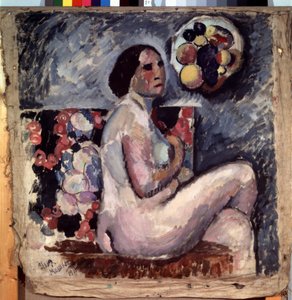 Naakt. Portret van een naakte vrouw, zittend met gekruiste benen, in profiel een gebaar van bescheidenheid makend door Ilya Ivanovich Mashkov