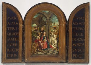 Aanbidding der Wijzen, waarschijnlijk zeventiende eeuw door Imitator of Netherlandish