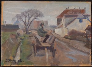 De schilder Ølund Hansen zittend in een wagen schilderend