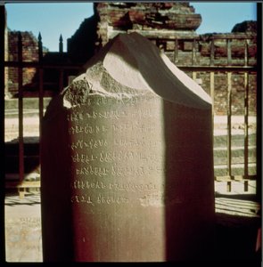 Detail van een pilaar van Keizer Ashoka met een gegraveerd edict door Indian