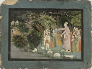 Nanda vraagt Radha om Krishna naar huis te begeleiden, uit de Gita Govinda door Indian School