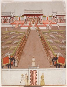 Een Nawab houdt hof in een paviljoen, voorbij een laan van bedienden en twee olifanten, c.1765 door Indian School