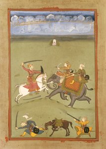 Een prins die zijn vijanden bevecht op een olifant, c.1710 door Indian School