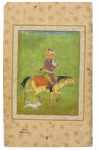 Een schilderij van Iraj te paard op jacht met een valk, India, Mughal Periode, eind 16e eeuw door Indian School