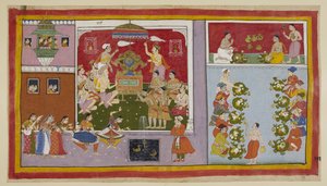 Add 15296 (1) f.106r, Door zijn magische krachten heeft Bharadvaja een paleis in een lusthof getoverd voor het vermaak en de verfrissing van zijn gasten. Bharadvaja en de andere asceten en brahmanen zitten in de troonzaal, terwijl de twee prinsen eerst.