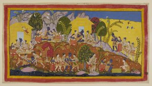Bharata en Shatrughna werpen zich aan de voeten van Rama, die zijn jongere broers omhelst en hun hoofden ruikt. Rama neemt hen op zijn schoot terwijl hij naar hun welzijn en dat van hun vader vraagt. door Indian School