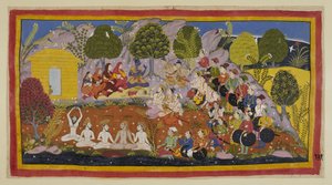 Rama zit op een mat tegenover de twee broers, met de drie koninginnen en Sita aan zijn rechterkant. Bharata blijft Rama aansporen om terug te keren naar Ayodhya om gekroond te worden, bewerend dat hun vader tegen hem had gezondigd uit angst voor zijn vrouw