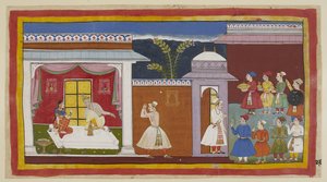 Add 15296 (1) f.27r, Vasistha heeft Sumantra verteld de koning te informeren dat alles klaar is, en hij informeert Dasaratha hierover. Hij wordt door Kaikeyi, met Dasaratha