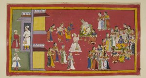 Add 15296 (1) f.50r, Dasaratha had Sumantra eerder bevolen zijn koninginnen en al zijn vrouwen te roepen, die nu de koning omringen wanneer Sumantra de ballingen binnenbrengt om afscheid te nemen. Dasaratha probeert Rama te overtuigen niet naar het bos te  door Indian School