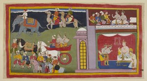 De boodschappers, in een bovenkamer, vertellen de prinsen om terug te keren naar Ayodhya. Beneden in de troonzaal, gekleed voor de reis, nemen de prinsen afscheid van koning Kaikeyi en zijn zoon Yudhajit. Ze zitten in een strijdwagen met de boodschappers. door Indian School