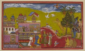 Add 15296 (2) f.14r, Sugriva en zijn bondgenoten zijn naar het paleis van Bali in Kiskindha gekomen. Sugriva brult zijn uitdaging zo luid dat de vogels uit de lucht vallen van schrik. Bali, zijn koningin Tara en zijn ministers zijn naar buiten gekomen bij 