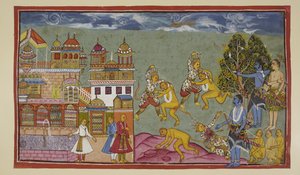 Add 15296 (2) f.18r, Buiten het paleis, Sugriva en Bali vechten woest met vuisten en nagels en rukken dan bomen en rotsen uit, maar Bali is de sterkere en langzaam wordt Sugriva gedwongen terrein prijs te geven. Wanneer Rama ziet dat Sugriva verliest, grij