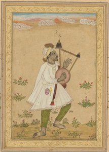 Een Afrikaanse lierspeler, ca. 1640-1660 (inkt, dekkende aquarel en goud op papier) door Indian School