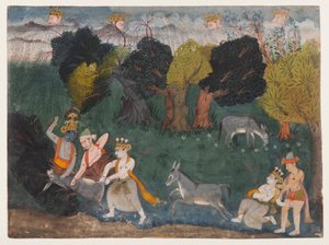 Balarama doodt de ezeldemon, pagina uit een verspreide Bhagavata Purana-serie, c.1725 door Indian School