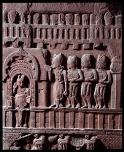Boeddhisme: "Detail van Overwinning op Mara" detail van de stupa van Bharhut - Zwartstenen reliëf, 2e eeuw v.Chr. - Kolkata, Indian Museum