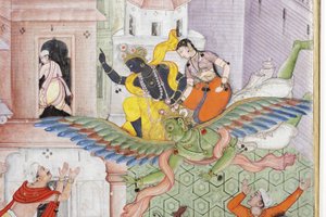 (detail) Krishna splijt de demon Narakasura met zijn discus, c.1585-90 door Indian School