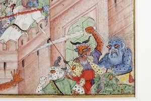 (detail) Krishna splijt de demon Narakasura met zijn discus, c.1585-90