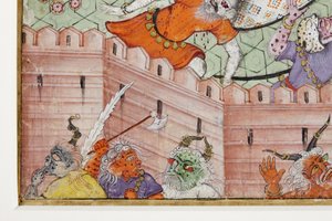 (detail) Krishna splijt de demon Narakasura met zijn discus, c.1585-90
