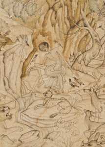 (detail) Majnun in de wildernis, c.1595 door Indian School
