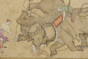 Detail van een olifantengevecht, met florale arabeskenrand, c.1610 door Indian School