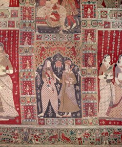 Detail van een wandkleed versierd met Europese figuren door Indian School