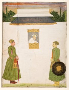 Keizer Aurangzeb bij een jharokha-raam, twee edelen op de voorgrond, c.1710 door Indian School