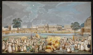 Vuurwerkshow op een heldere maanverlichte nacht buiten het Agna Mahal, deel van het paleis van de Nawab aan de rivier in Murshidabad, ca.1790-1800 door Indian School