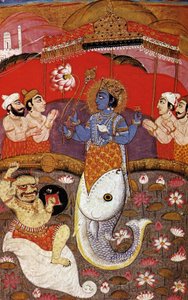 HINDOEÏSME Vishnu, tweede godheid van de hindoeïstische drie-eenheid, 20e eeuw (prent)