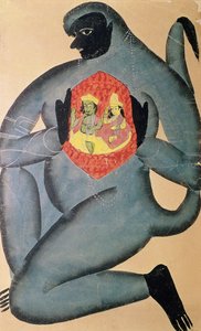 Hanuman onthult Rama en Sita in zijn hart, geschilderd door een lid van de Patua-kaste, 1880 door Indian School