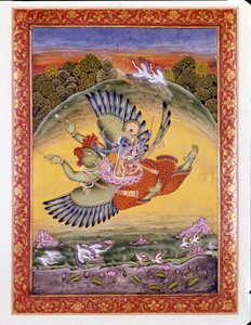 Hindoeïsme: voorstelling van de vogel Garuda die Vishnu draagt, een grote hindoeïstische godheid, en zijn vrouw Lakhmi