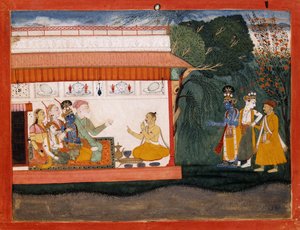 Illustratie bij de Bhagvata Purana die Balarama toont die Akrura bij de hand neemt met zijn jongere broer Krishna, c.1700 door Indian School