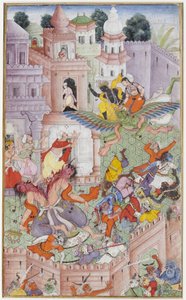 Krishna splijt de demon Narakasura met zijn discus, c.1585-90
