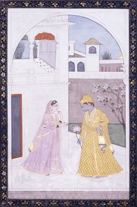 Krishna staat met een lotusbloem, zijn geliefde in een roze sari, ca. 1800 door Indian School