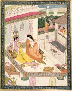 Krishna en Radha op een bed in een Mogol paleis, Punjab, c.1860